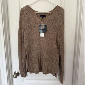 NWT Jones New York Signature V-Neck Open Knit Sweater Oatmeal Size L Boho Chic